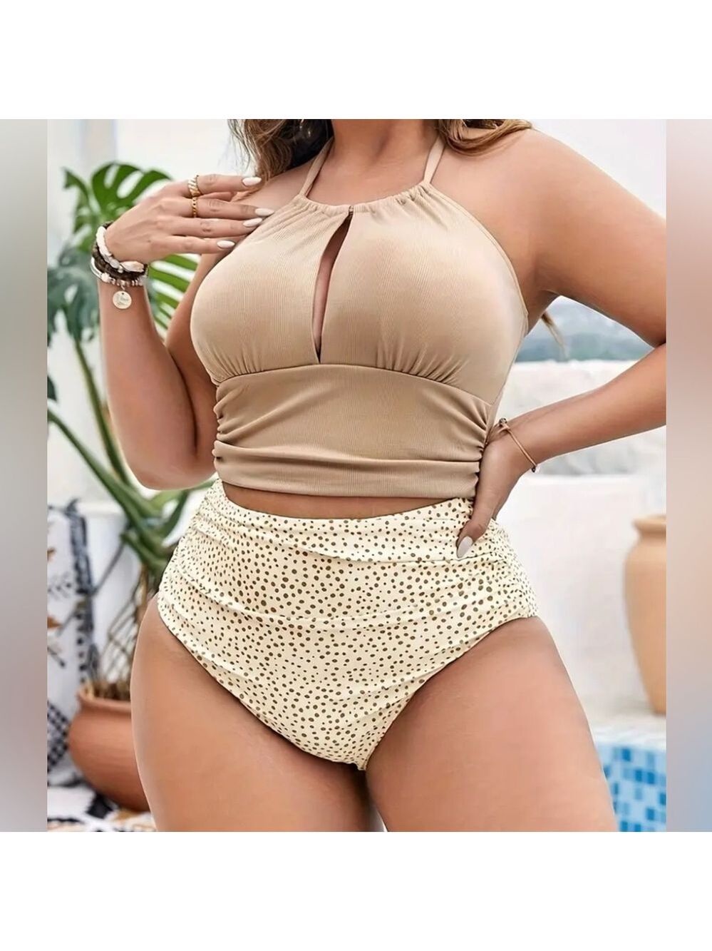 Plus Size Halter Keyhole Detail High Waisted Ruched Bikini Set